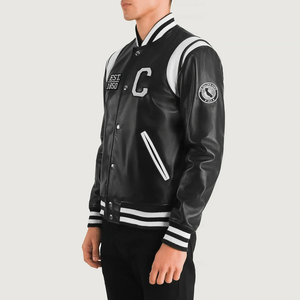 Men's PU Leather Varsity <b>Jacket</b> Preppy Style Embroidered U Logo Red Trim Turn-down Collar Regular Fit Autumn Wear - Product Image 6