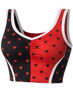 ชุดเซ็ตเสื้อครอปพิมพ์ลายหัวใจสีแดงดำสำหรับผู้หญิง คอวี แขนกุด กระโปรงมินิเอวสูง ทรงเข้ารูป ชุดแฟชั่นสองชิ้น - Product Image 2