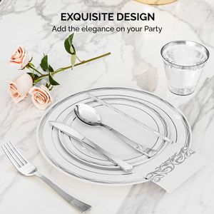 50 Set di Stoviglie Monouso in Plastica Piatta Circolare Argento con Logo Personalizzato, Inclusi Piatti, Bicchieri, Coltelli, Forchette, Tovaglioli e Cannucce - Product Image 3