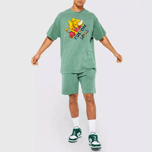 Custom Summer Washed Cotton T Shirt Sweat Short and Shirt <b>Set</b> for Men 2 Piece Cotton Acid Wash Shirts - Product Image 1