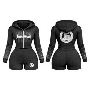 Conjunto deportivo de sudadera con capucha y cremallera, pantalones cortos y top corto con pedrería azul para mujer, ropa deportiva de calle de manga larga para primavera - Product Image 3