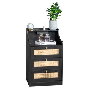 Comodino in Truciolato Nero con Maniglia Dorata Affusolata 45*35*73cm, Tre Cassetti in Rattan, Comodini con Scomparti - Product Image 5