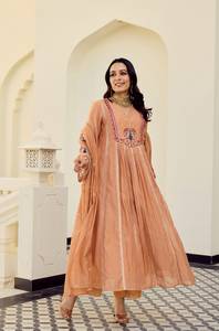 Designer Beautiful Embroidery Work Chanderi Silk <b>Top</b> With Chanderi Silk Pant And Chanderi Dupatta Fully Stitched Ready To Wear - Product Image 1