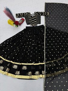 Black Embroidered Floor-Length Quick Dry <b>Lehenga</b> Set <b>Women</b> Indian Pakistani Outfit Floral Border Net Dupatta Wedding Party Dress - Product Image 4