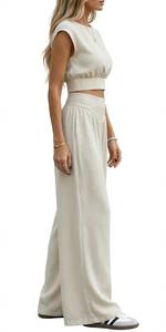 Ensemble 2 pièces pour femme, haut court à manches courtes beige uni et pantalon long à jambes larges taille haute, tenue décontractée d'été - Product Image 3
