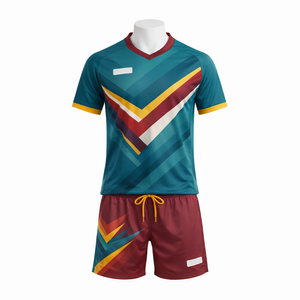 Conjunto de uniforme de rugby sublimado con cuello en V geométrico color verde azulado y granate para hombre, manga corta, que absorbe la humedad, uniforme para adultos - Product Image 1