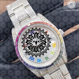 Montre de luxe pour homme Charm Jewells en acier inoxydable, boîtier de 40 mm, mouvement mécanique, accents de diamants, bracelet en cuir, étanche 10 bars - Product Image 4