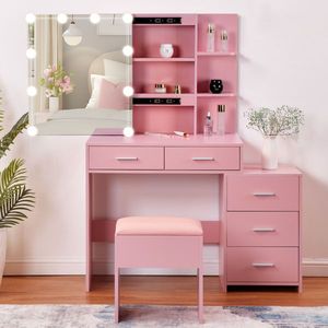 Ensemble coiffeuse rose en panneau de particules texturé avec cinq tiroirs, deux étagères et armoire miroir à porte coulissante - Product Image 1