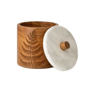 <b>HOT</b> SELLING Wooden Storage Jar with Fern Leaf Carving and Marble Lid Handcrafted Mango Wood Floral Decor - Product Image 1