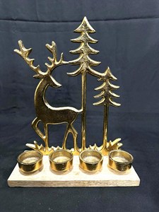 Reindeer Brass Gold Candle Holder With Wooden Base Decorative <b>Table</b> Accent Perfect For Festive And Seasonal Home Decor - Product Image 4