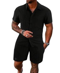 Top deportivo de tendencia de moda de verano para hombre y pantalones cortos de playa traje de Color sólido a rayas Fitness Casual de talla grande de manga corta - Product Image 3