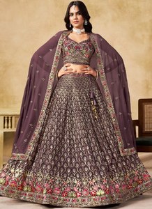 Wholesale Indian Women Dark Purple Mauve Georgette <b>Lehenga</b> Choli Gold Sequins Embroidered <b>Skirt</b> Crop Top Dupatta Set - Product Image 3