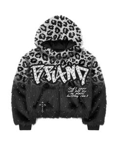 BRAND Men's Leopard Print Hooded Fleece <b>Jacket</b> <b>Rhinestone</b> Embossed Streetwear Oversized Winter Coat - Product Image 1