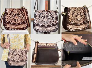 Nuevo Bolso Bandolera de Cuero Vacuno Genuino Hecho a Mano con Diseño Floral, Estilo Boho, Correa Ajustable para Mujer - Product Image 3