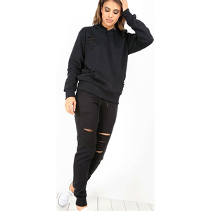 Ensemble de survêtement décontracté pour femme, vert olive, sweat-shirt court à capuche et pantalon de jogging déchiré, couleur unie, 2 pièces - Product Image 5