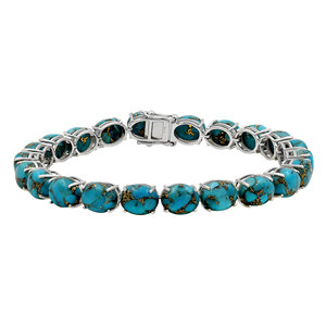Bracelet tennis classique en argent sterling avec pierre ovale turquoise bleu cuivre, sertissage à griffes, finition polie miroir, bijou cadeau - Product Image 1