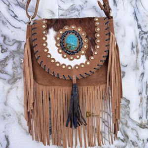 Bolso de Hombro de Cuero con Patrón Occidental y Pelo de Vaca, Estilo Bohemio con Flecos, Bolso Elegante de Piel de Vaca Pequeño, ¡Gran Venta! - Product Image 1