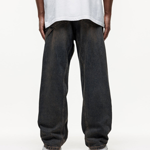 Men's Stonewashed Dark Denim Straight Leg Jeans Loose Fit Mid Waist Casual Cotton Fabric Autumn Wear - Product Image 2