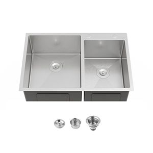 Lavello da cucina a doppia vasca in acciaio inox 304 da incasso (19" x 33") - Finitura spazzolata fatta a mano (Solo lavello) - Spedizione solo lunedì-venerdì - Product Image 1