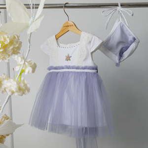 ชุดเสื้อผ้าเด็กผู้หญิง3ชิ้นทำด้วยมือสีม่วงหมวกสั้นปักมือสีขาว - Product Image 2