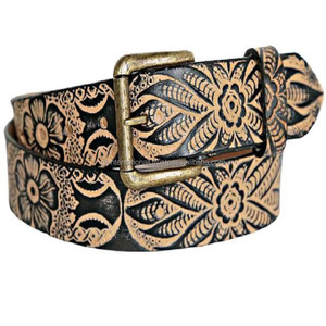 Cinturón de herramientas de cuero occidental con relieve floral hecho a mano de diseñador para hombres y mujeres con hebilla de rodillo de latón antiguo de todos los tamaños - Product Image 4