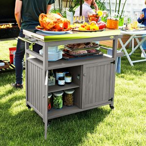 Carrello da Cucina per Esterni in Legno Massello con Piano in Acciaio Inox e Ruote, Armadietti Grigi, Carrello Resistente per Barbecue da Esterno - Product Image 2