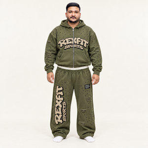 Custom Unisex <b>Zip</b> <b>Up</b> <b>Hoodie</b> and Wide Leg Sweatpants Set with Applique Embroidery Distressed Details and Custom Label - Product Image 1