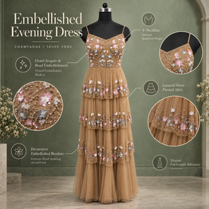 Robe de soirée florale à sequins champagne |   Robe de soirée formelle à col en V, bretelles spaghetti, en tulle superposé, coupe trapèze, longueur au sol, pour mariages - Product Image 5