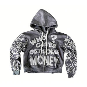 Sudadera con Capucha Personalizada con Logotipo OEM ODM, Estilo Urbano, con Pedrería, Cierre de Cremallera, Estampado Puff, 500GSM, Algodón Grueso de Alta Calidad, Directo de Fábrica para Hombre - Product Image 1