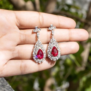Elegant <b>Ruby</b> Teardrop Halo Jewelry Set Sterling Silver <b>Necklace</b> and Dangle Earrings Bridal Wedding Anniversary Gift for Women - Product Image 6