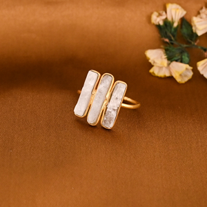 Natural Rainbow Moonstone Triple Bar Gold Plated Brass <b>Adjustable</b> <b>Ring</b> for Women - Product Image 2