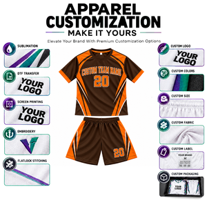 Ensemble de maillot de football, couleur marron et orange, blocs de couleurs sublimés, évacuation de l'humidité, 100% polyester, manches courtes, coupe classique pour homme - Product Image 5