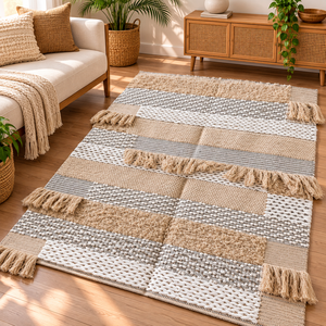 Tapis d'appoint tissé à la main en patchwork, style bohème, en coton, avec franges texturées, pour salon, chambre à coucher, décoration intérieure - Product Image 1