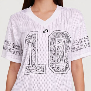 Women’s Luxury Black Rhinestone Mesh Football Jersey Custom Oversized V Neck Sports Top Private Label Apparel Manufacturer USA - Product Image 5