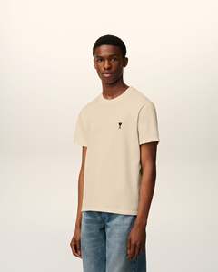 T-shirt personnalisé pour homme, beige, manches courtes, coupe classique, logo brodé, col rond, jersey en coton, style minimaliste - Product Image 4