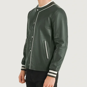 Blouson bomber en cuir PU vert pour homme, couleur unie, fermeture à boutons, col rabattu, coupe classique, vêtement d'automne - Product Image 3