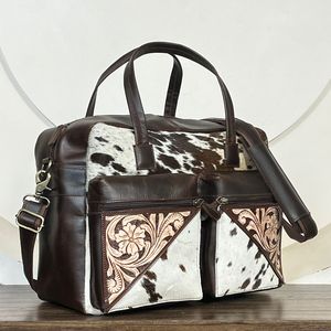 Western Hand Tooled Cowhide Leather Zipper Pocket Baby <b>Changing</b> Mummy Nappy <b>Bag</b> Multiple Compartment Travel Shoulder Storage <b>Bag</b> - Product Image 4