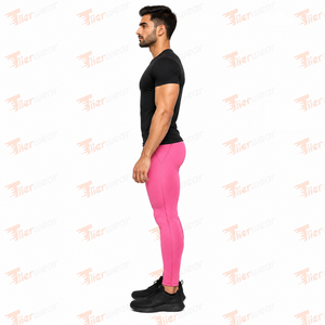 Men's Pink Full Length <b>Compression</b> <b>Leggings</b> Mid Waist Seamless Spandex Polyester Athletic Base Layer Eco-Friendly Breathable - Product Image 3