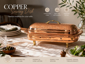 Plateau de service en cuivre fait main avec couvercle et support, plat de service décoratif ovale en cuivre pour la maison, le restaurant, l'hôtel - Product Image 5