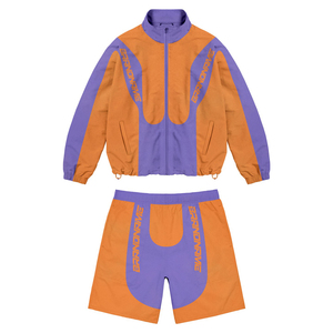 Premium Polyester Nylon Color Block Tracksuit Set Cut Sew Panels Custom Sublimation Print Logo Windbreaker Shorts for Men - Product Image 3