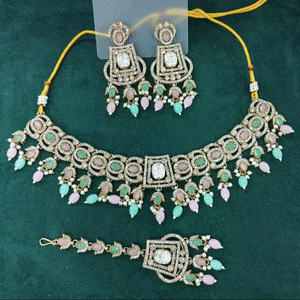 Traditional wear Necklace With Chandelier Earrings Gold-Plated Zinc Alloy Necklace Diamond <b>Beads</b> Glamorous Chokers - Product Image 1