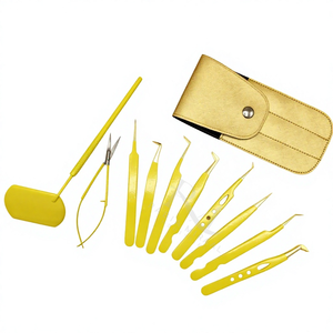 Pince à cils jaune avec revêtement en poudre, pointe en plasma dorée, poignée simple, en acier inoxydable / Ciseaux / Miroir / Emballage en boîte noire - Product Image 2