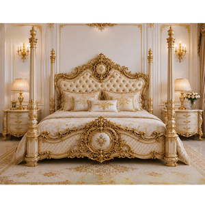 Suite de chambre à coucher style Maharaja Cal King, lit à baldaquin de luxe en teck massif sculpté à la main, style Maharaja, pour les États-Unis - Product Image 1