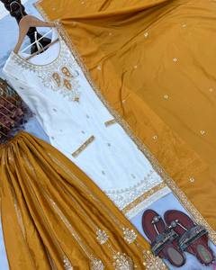 Conjunto indio-pakistaní bordado de seda Chinnon, Salwar Kameez de secado rápido hasta el suelo con Dupatta, atuendo para bodas y fiestas para mujer - Product Image 5