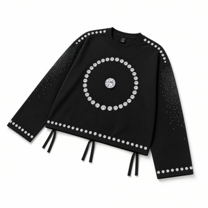 <b>Black</b> Oversized Long Sleeve Crop Top Rhinestone Embellished Geometric Pattern O-Neck Knitted Men's Street Style <b>Sweatshirt</b> - Product Image 2