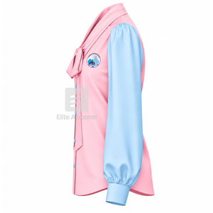 Blusa de satén Jack and Jill of America con cuello de lazo y logo bordado, manga abullonada, azul cielo y rosa, blusa moderna para mujer - Product Image 4
