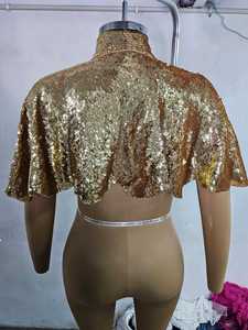 Luxury Beaded Sequin Club Cape <b>Top</b> with Wrap and Tie 100% Polyester Gold Sequined Embellishments and Velvet Bow - Product Image 5