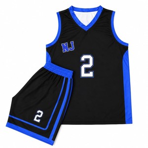 Conjunto de Camiseta de Baloncesto NJ, Negro y Azul, Sublimada, Absorbente de Humedad, Cuello en V, Sin Mangas, Unisex para Adultos, con Número 2 Impreso - Product Image 2