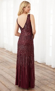 Robe de soirée élégante en sequins étincelants, longueur ras du sol, couleur platine, col en V et fente, style moulant pour clubbing - Product Image 5