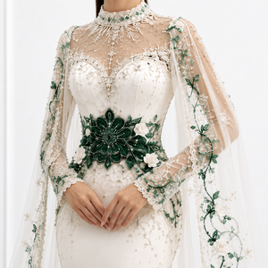 Nouvelle Robe de Mariée de Luxe en Satin, Coupe A-Line, Longueur Ras du Sol, Ivoire, avec Broderie Florale Vert Émeraude et Manches à Col Montant - Product Image 2